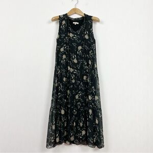 Silk Blend Black Floral Tiered Sleeveless Midi Dress Size Medium Cottagecore‎